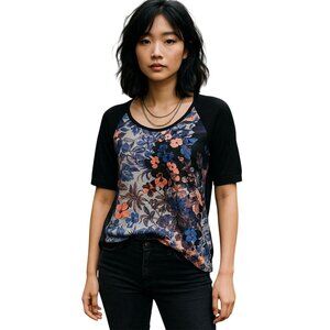 Anthropologie Meadow Rue Top Size Small Floral Knit Mixed Media Black Blue Coral